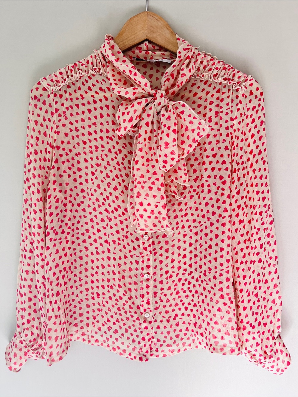 Graciela Naum Silk Heart Print Neck Bow Blouse Sheer Pink Size M